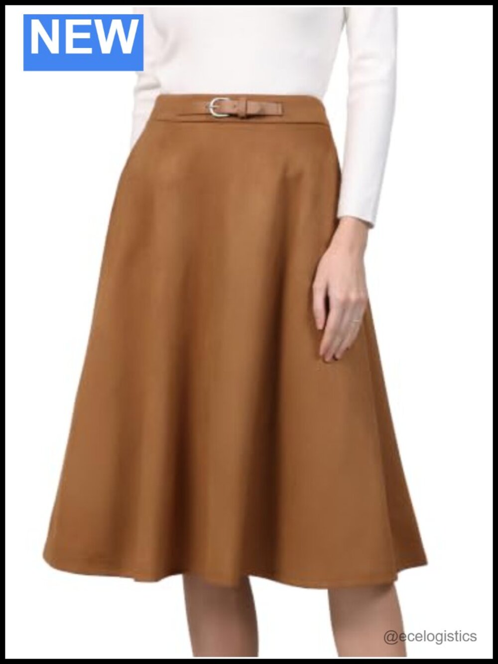 Faux Suede High Waist A-Line Midi Skirt with Belt - Work Casual